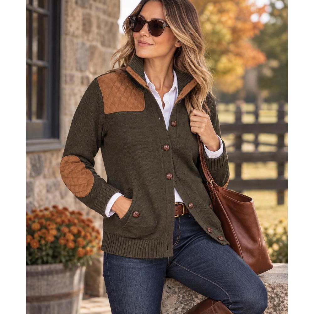 Lauren Ralph Lauren Equestrian Olive Green Quilted Patch Cardigan Sweater Sz M